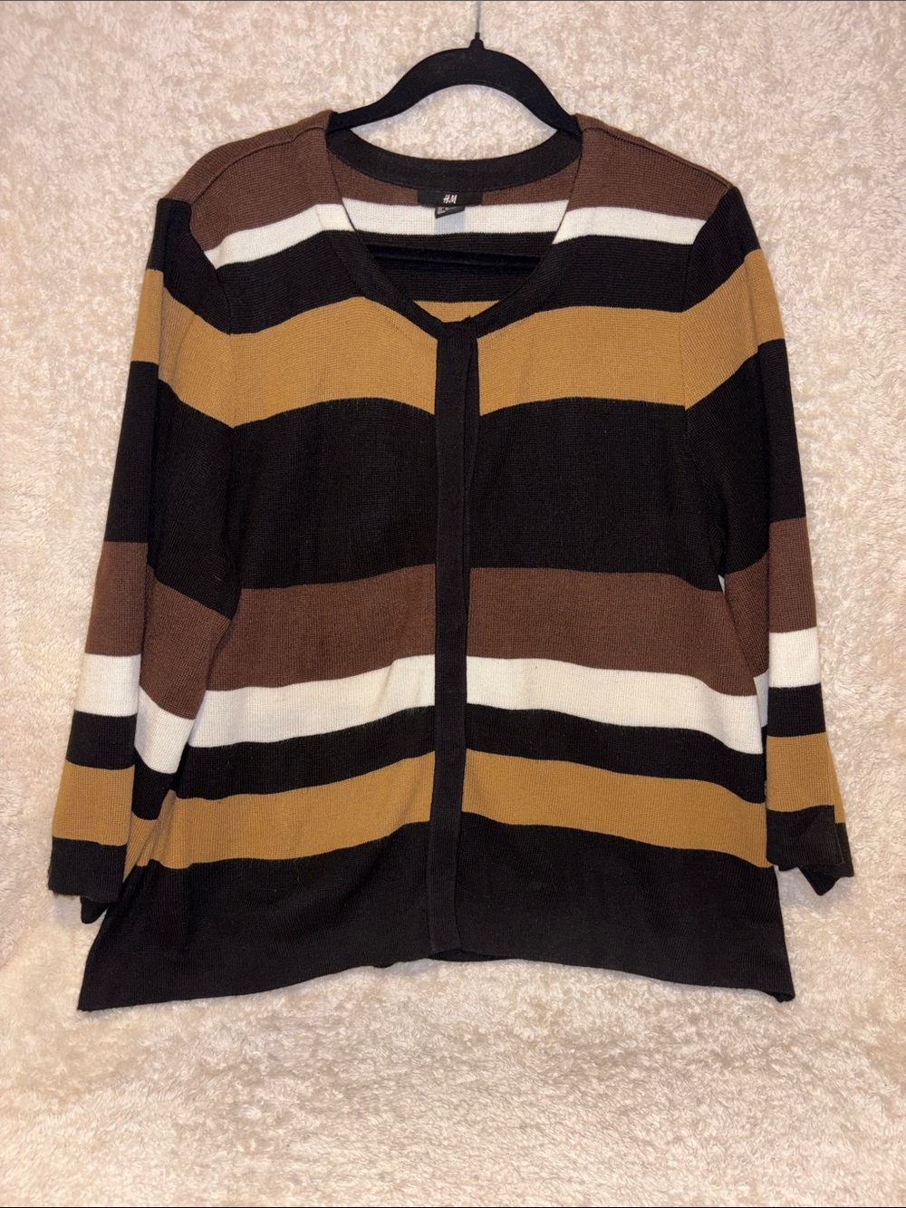 H&M Oversized Striped Snap-Front Cardigan in Black, Brown, Camel, and White